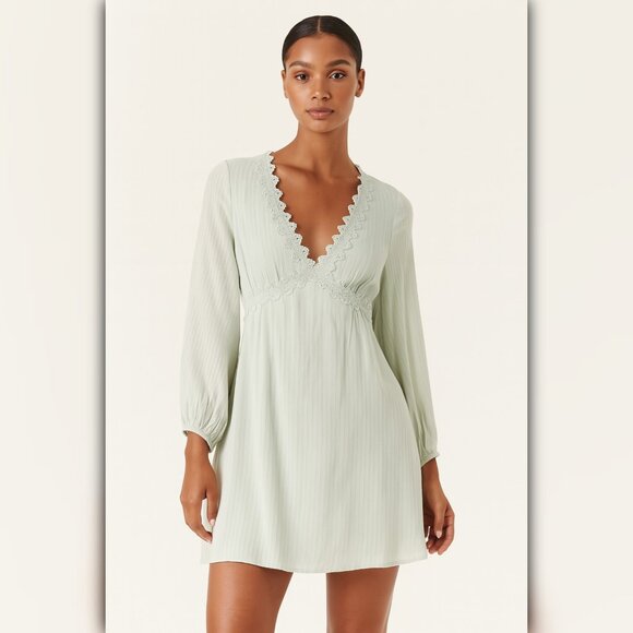 Light Sage Lace Trim Tunic Mini Dress - Picture 1 of 4